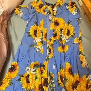 Blue sunflower button up front dress